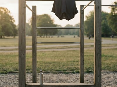 A dark t-shirt draped over an outdoor calisthenics pull-up bar frame with a stainless steel water bottle resting on the lower wooden beam in a park.