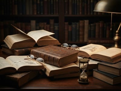 Several open and closed antique books, two pairs of spectacles, an hourglass, and a desk lamp on a wooden table in front of bookshelves.